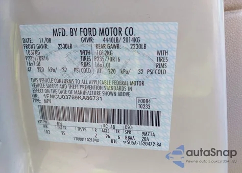 2009 Ford Escape Xlt z USA, uszkodzony, nr VIN 1FMCU03769KA86731
